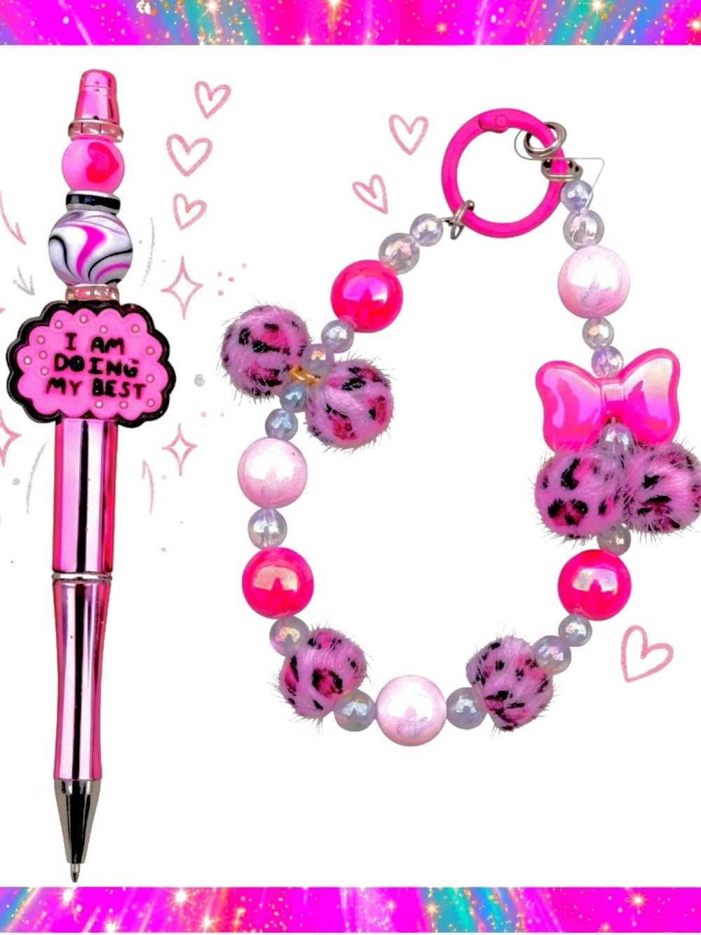 🎀🆕 Pink Leopard Print Keychain/ID Holder/Bag Charm & Matching DIY Ink Pen